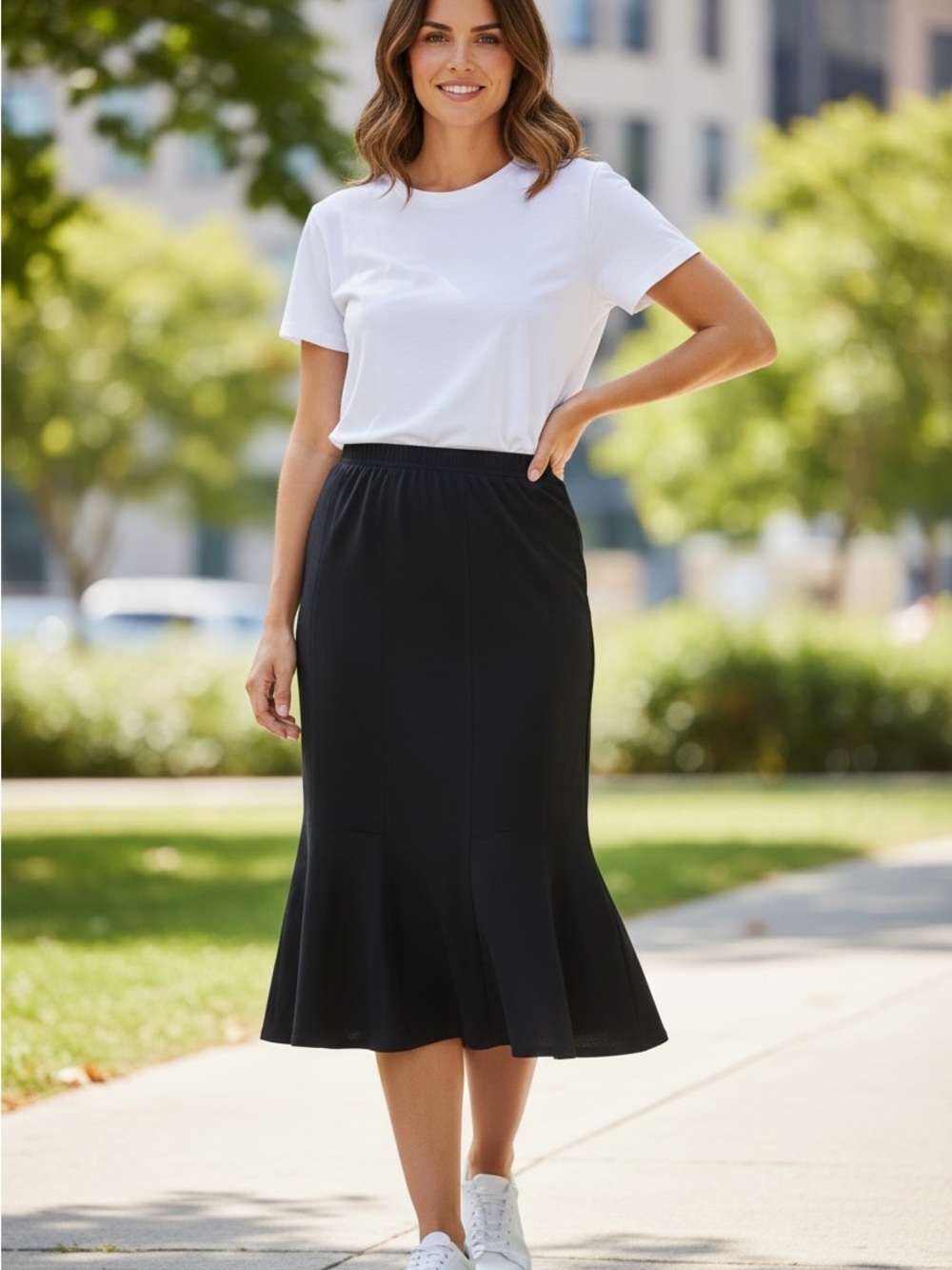 Tadashi Shoji Black Ruffle Hem Pull on Midi Skirt Size Large